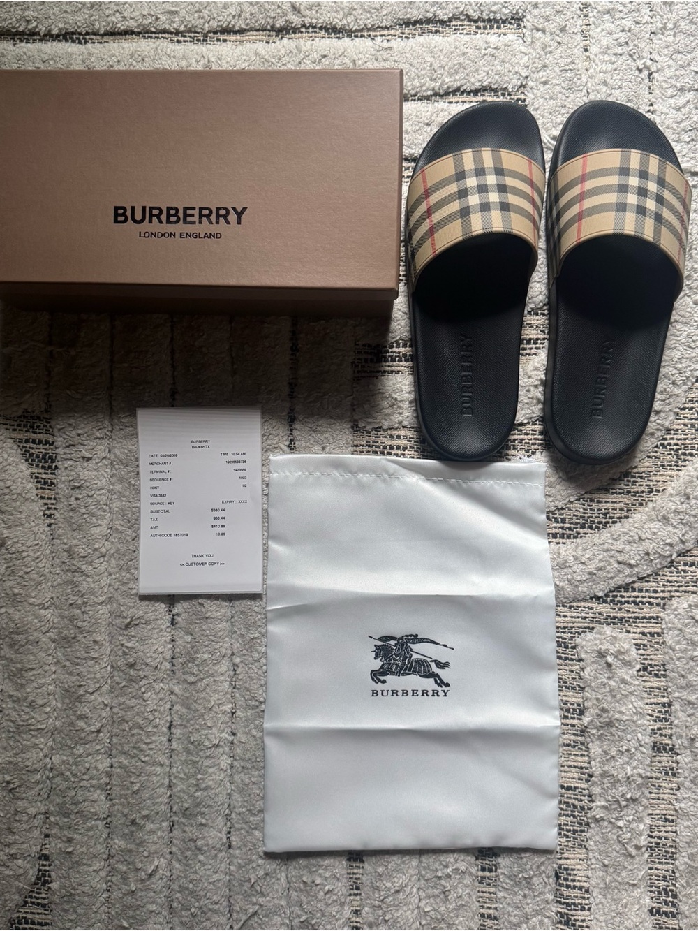 Burberry Black Leather Slide Sandals with Check Strap